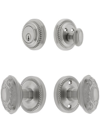 Grandeur Newport Entry Door Set, Keyed Alike with Grande Victorian Knobs in Satin Nickel.